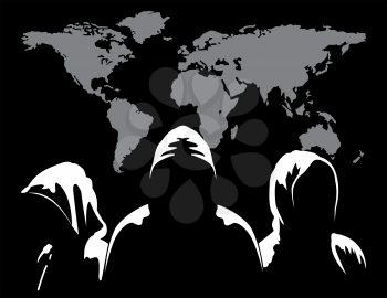 Illustration of silhouettes of three anonymous and maps the world on a dark background of binary digits