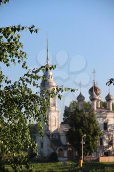 Birch branch and out of focus Russian Orthodox Presentation of the Lord Church in the Vologda, Russia