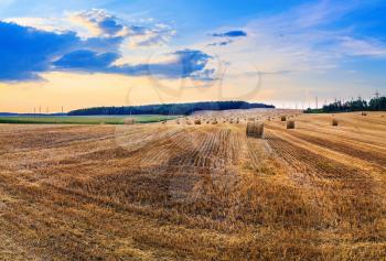 Autumn field with hay bales. Farm scenery with haystacks against the backdrop of a beautiful sunset.
