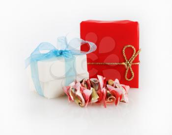 Gift box, soap and a bracelet made of shells. Conceptual festive still life.