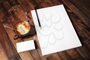 Corporate identity template. Blank letterhead, business cards, coffee cup and pencil. Photo of blank ID template. Mock-up for design portfolios.