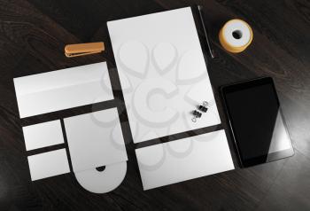 Corporate identity template on wooden background. For design presentations and portfolios.