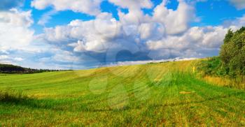 Bright green grass and cumulus clouds. Hill and blue sky. Summer landscape. Panoramic shot.