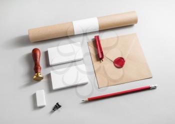 Corporate identity elements on paper background. Blank stationery set. Branding mock up. Blank objects for placing your design.