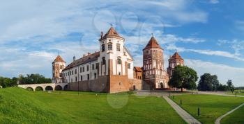 Mir, Belarus - August 04, 2016: Ancient medieval fortress in Mir, Belarus. Mir Castle is a museum and castle complex- historical heritage of Belarus. Panoramic shot.