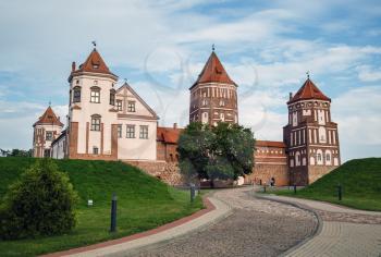 Mir, Belarus - August 04, 2016: Ancient castle with towers in Mir, Belarus. Medieval fortress. UNESCO World Heritage