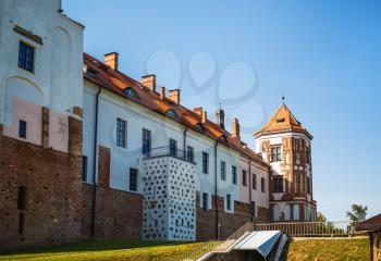 Mir, Belarus - August 11, 2017: Tower and wall of ancient medieval castle in Mir, Belarus. UNESCO World Heritage.