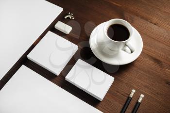 Branding stationery mockup on wood table background. Blank objects for placing your design.