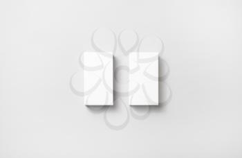 Photo of blank business cards on paper background. Template for ID. Top view.