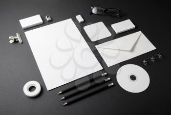 Blank stationery template on black background. Mock-up for branding identity. For design presentations and portfolios.