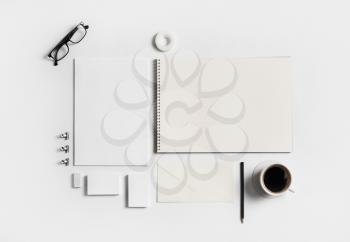 Blank stationery mock-up. Corporate identity template on white paper background. Flat lay.