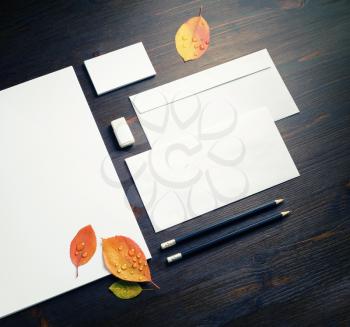 Photo of blank branding stationery set and autumn leaves on wood table background.