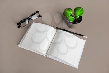 Mockup of opened blank brochure, pencil, glasses and plant. Responsive design template.