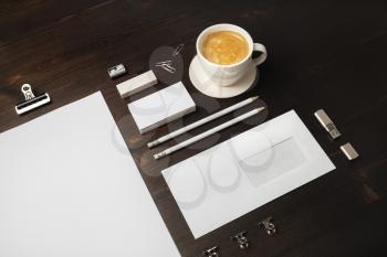 Blank stationery set and corporate identity template on wooden background. For design presentations and portfolios.