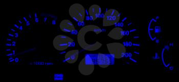 Horizontal isolated blue car speedometer no fuel panel background backdrop
