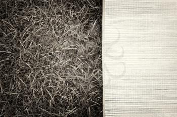 Horizontal vintage sepia picnic bamboo bedding on grass background