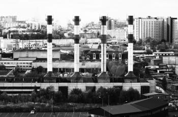 Horizontal black and white industrial chimneys Moscow cityscape background