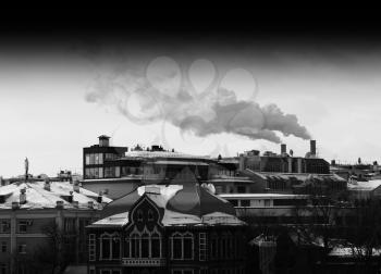 Moscow vintage roofs with chimney smoke backdrop hd