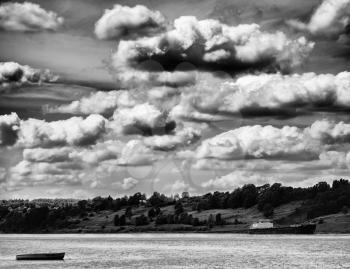 Horizontal vivid vibrant black and white Russia river clouds landscape painting background