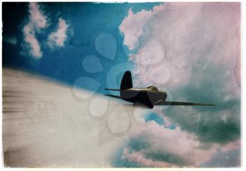 Horizontal vivid vintage combat pursuit plane dusty postcard background backdrop