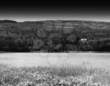 Norway cottage on lake landscape background hd