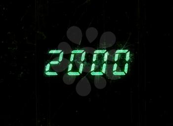 Horizontal green digital 2000 millenium display clock dust particles memories background backdrop