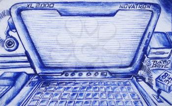 Retro school drawing of hacker laptop on vintage card hd