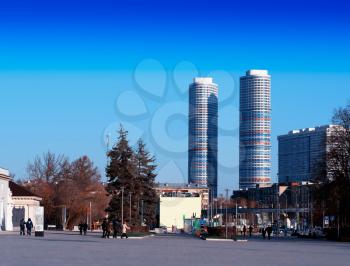 Twin skyscrapers at Vdnkh Moscow city background