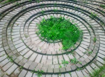 Spiral brick laying in park with some grass in center background