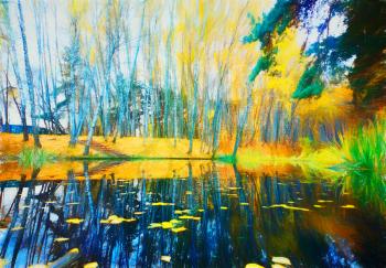 Autumn park pond with reflections illustration background