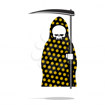Death in black Pajamas with yellow flowers. Grim Reaper in hood and oblique. Halloween character death. 