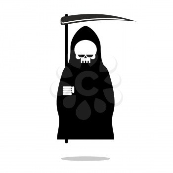 Grim Reaper with scythe. Death in  black hood cloak. Icon for Halloween. Skull in dark clothes.
