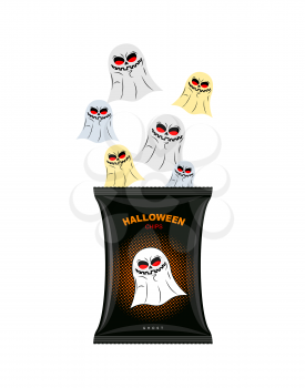 Halloween chips with ghosts. Treats for dreaded holiday in black packaging. Ghosts fly out of  Pack. Vector illustration food.