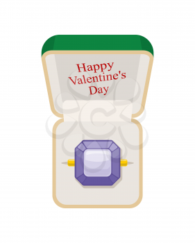 Happy Valentines day. Amethyst ring in  box. Jewelry on a white background. Beautiful ring in green Open box for engagements and weddings