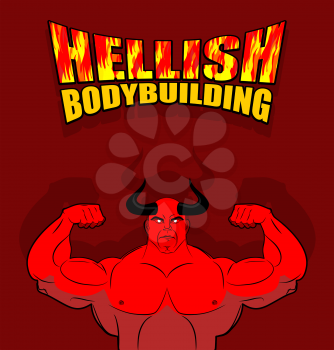 Hellish bodybuilding. Satan with big muscles. Fitness in hell. Strongman from the underworld. Vector illustration. Red Devil with horns with huge biceps. Illustration for  gym, fitness Hall.