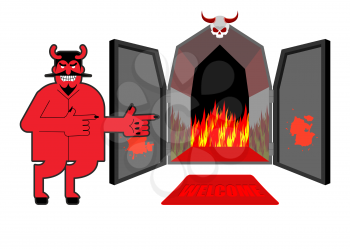 Satan invites sinners to hell. Devil indicates hand on purgatory. Laughing Red daemon at  entrance of Hyena and  fire.