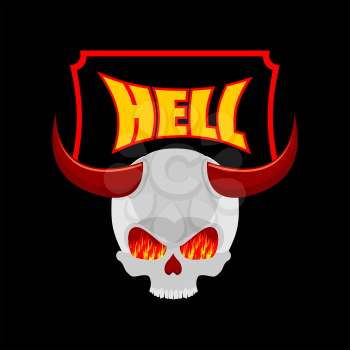 Welcome to hell. Plate for door. Satans skull with horns. In eye of skull flame of fire of purgatory. Vector illustration of religion