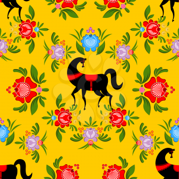 Gorodets painting Black horse and floral seamless pattern. Russian national folk craft ornament. Traditional decoration texture painting in Russia. Flowers and leaves background. Retro ethnic decor
