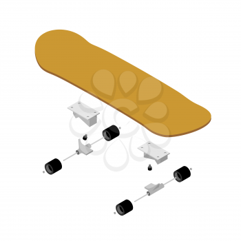 Skateboard structure. Board for skiing specification circuit. Transparent scheme of composition of deck and rolls for skateboarding. Sports tool to perform various tricks
