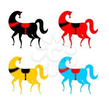 Gorodets painting colored horse set. Russian national folk craft. Elements of painting in Russia
