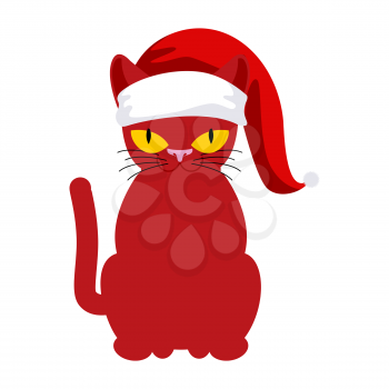 Santa Cat. Pet in Christmas hat. New Year illustration. Xmas template of cute cat