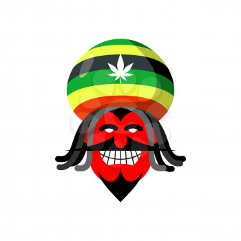 Rastaman devil. Rasta cap and dreadlocks. Satan for Rastafarians. Red devil in beret. Jamaican demon
