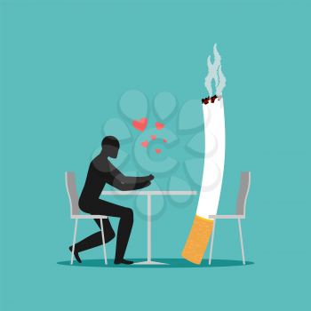 Lover smoke. Man and cigarette in cafe. Smoker in restaurant. Nicotine lovers are sitting at table. Romantic illustration of smoking
