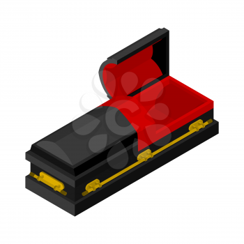 Open black coffin isometrics. Wooden casket for burial. Red hearse. Religious illustration
