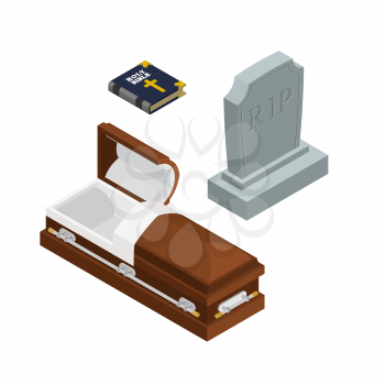 burial set. Open wood coffin with dead. Holy Bible. Tombstone and grave
