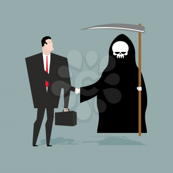 Deal with death. Businessman and Grim Reaper make transaction. Skeleton in hood and man shake hands. Handshake in purgatory. Agreement between death and manager. White skull and scythe
