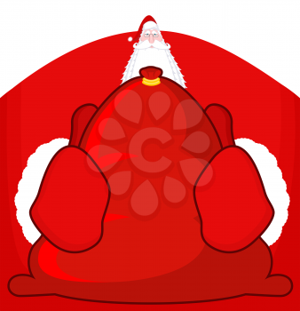 Santa Claus and red bag. Big sack with gifts. Giving gifts at Christmas. New Year illustration. xmas template
