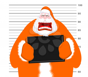 Mugshot of Santa Claus orange prisoner clothing. Mug shot of Christmas police station. Arrested Bad Santa is holding black plate. Grandpa Photo delinquent in custody for new year. Portrait of criminal