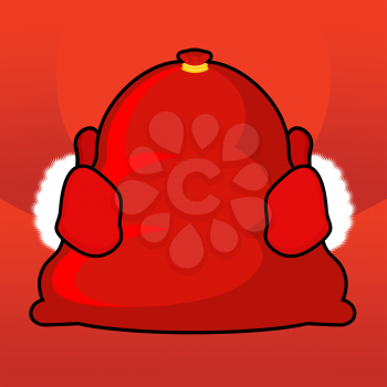 Santa bag and red mittens. Big sack with gifts. Giving gifts at Christmas. New Year illustration. xmas template
