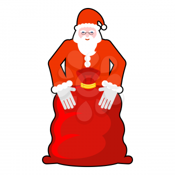 Santa Claus and red sack. Big bag with gifts. Giving gifts at Christmas. New Year illustration. xmas template
